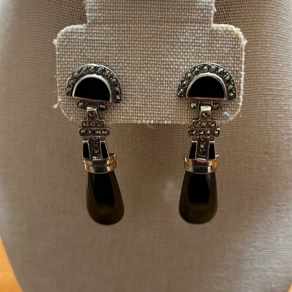 Vintage Jewelry - Vintage Sterling Silver Onyx/Marcasite Dangle Earrings